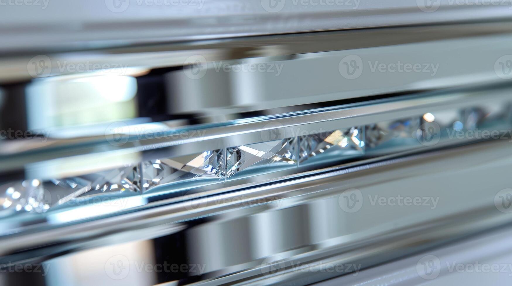 This closeup image focuses on the sparkling edges of the mirrored closet door revealing the fine lines where the glass meets the frame. The delicate beveled edges add a touch of eleganc photo