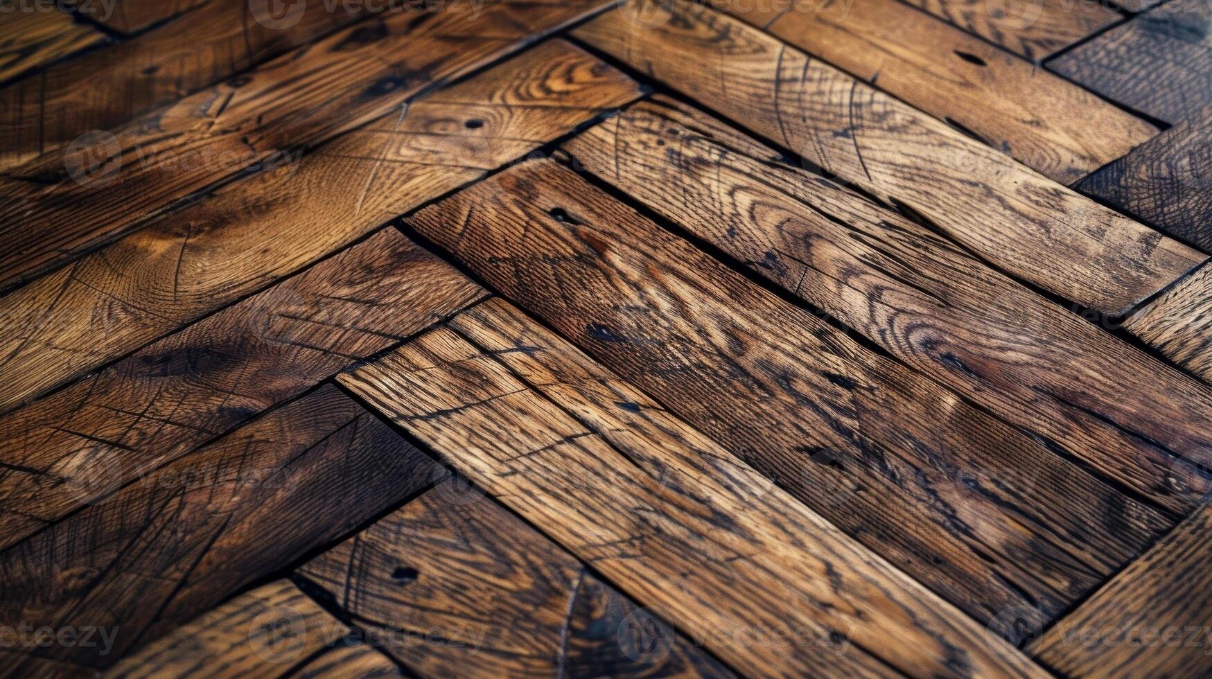 An angled closeup of a herringbone wooden floor revealing the varied thickness and depth of the wooden planks creating visual interest photo