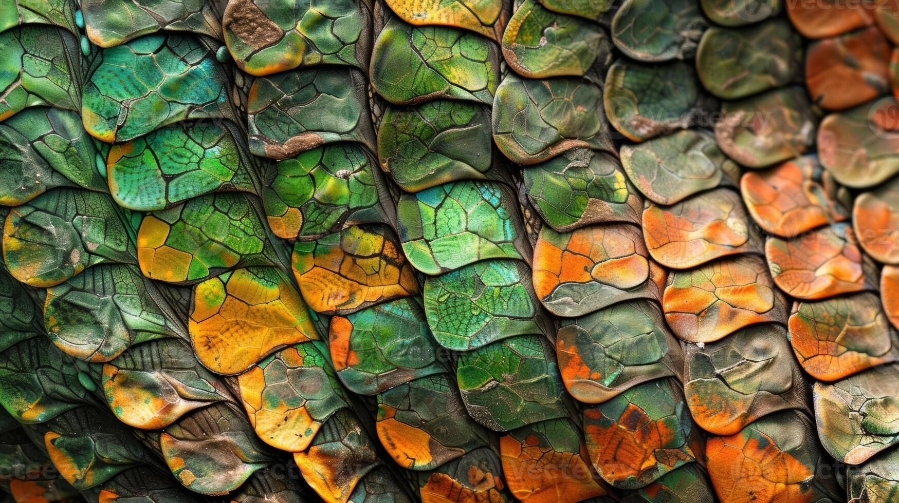 Colorful Variations A closeup of reptile skin reveals a range of vibrant colors from earthy browns to vivid greens each scale exhibiting a unique hue photo