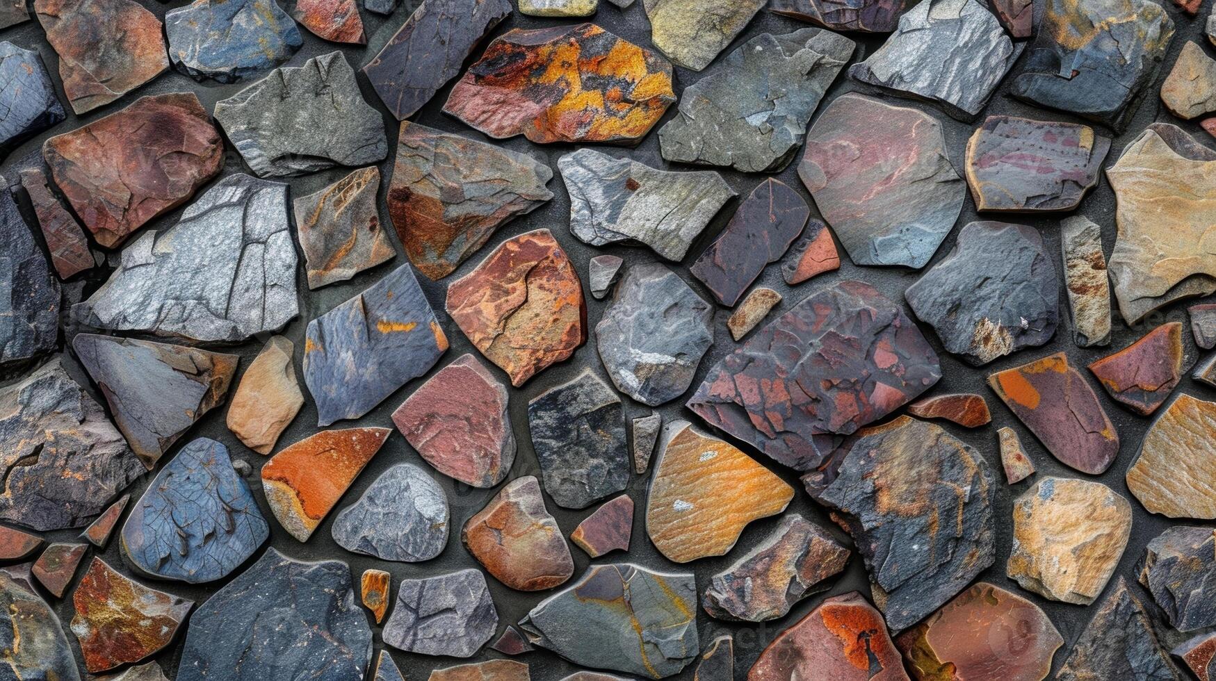 A patchwork of differently sized and shaped stones creating an intricate mosaiclike texture on the surface of a stone wall photo