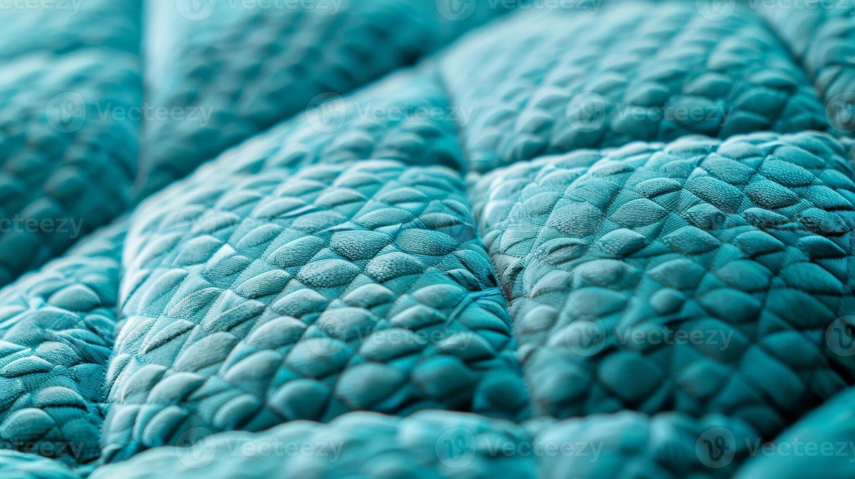 The vibrant and bold closeup of this quilted fabric headboard exudes a sense of energy and youthfulness. The bright turquoise fabric is tightly quilted in a geometric pattern addin photo