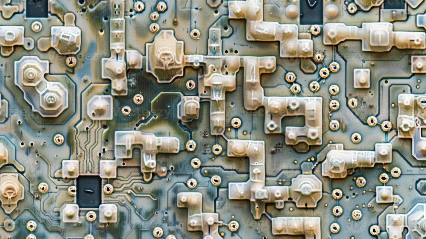 A macro shot reveals the textured surface of a printed circuit board made up of tiny bumps and ridges that interlock like puzzle pieces photo