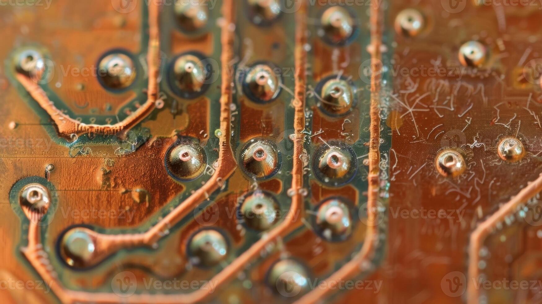 The copper tracks on the circuit board create a weblike texture with s of silver solder crisscrossing throughout photo
