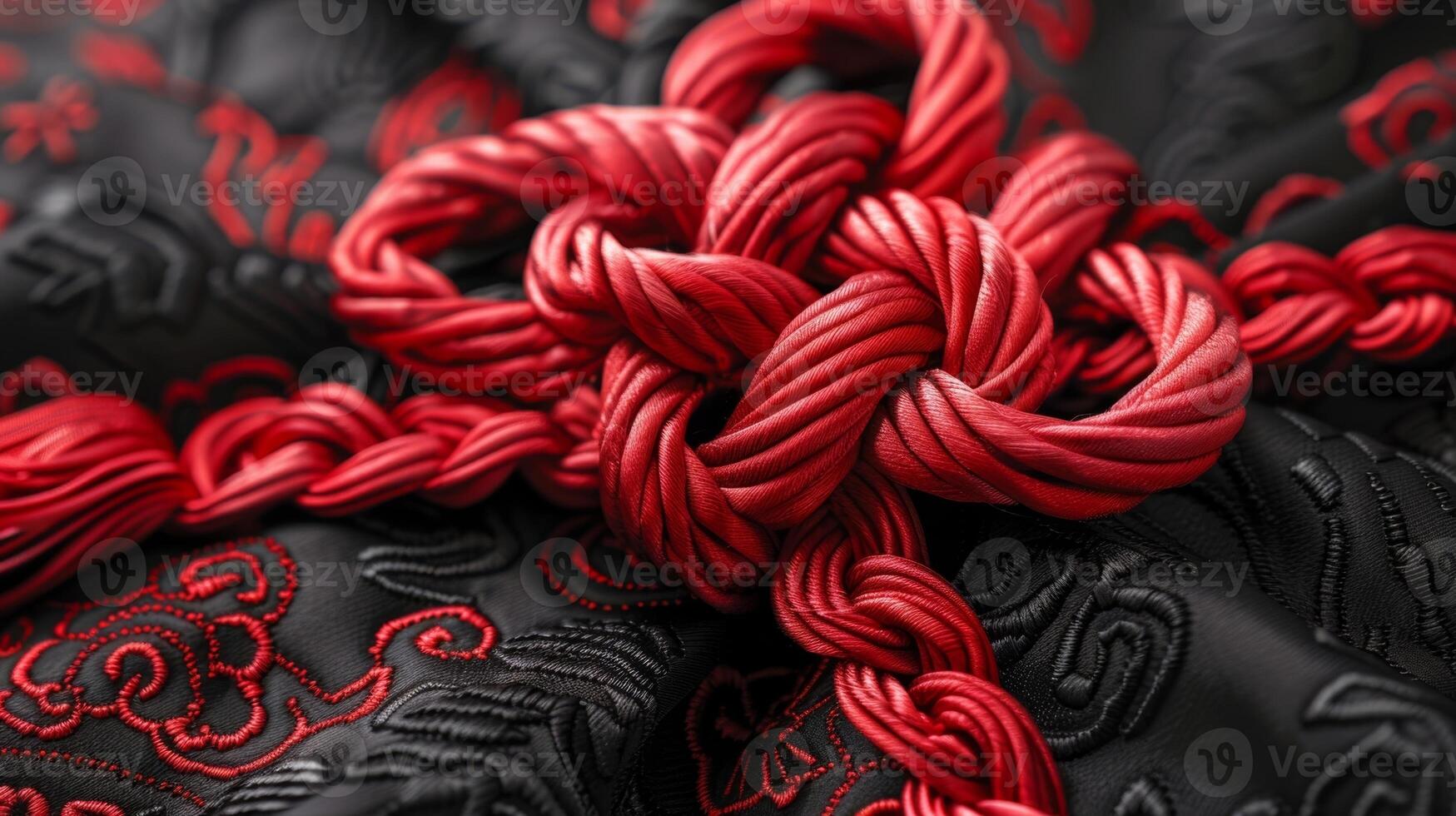 A closeup of a handsewn Chinese knot crafted from vibrant threads of red symbolizing prosperity and good fortune against a dark background of fine silk photo
