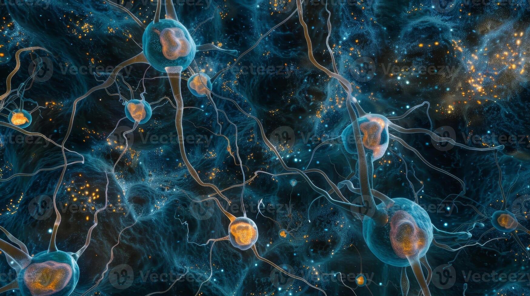 A of neural stem cells dividing and differentiating into mature neurons stimulated by growth factors photo