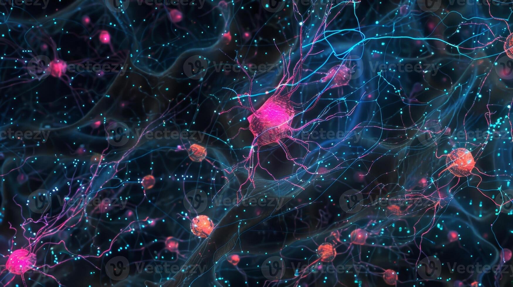 Multiple neurons in different stages of development influenced by various growth factors and shaping into specialized cells photo