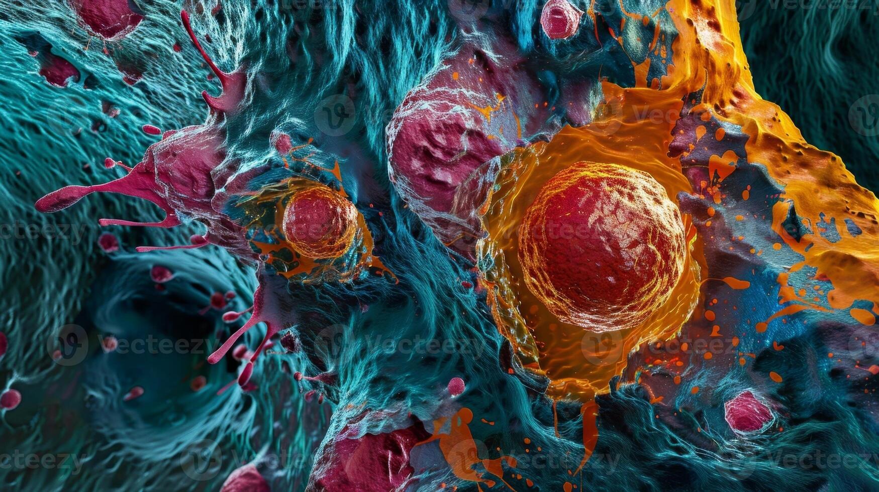 Microscopic view of a of immune cells engulfing a senescent cell in a process known as phagocytosis photo
