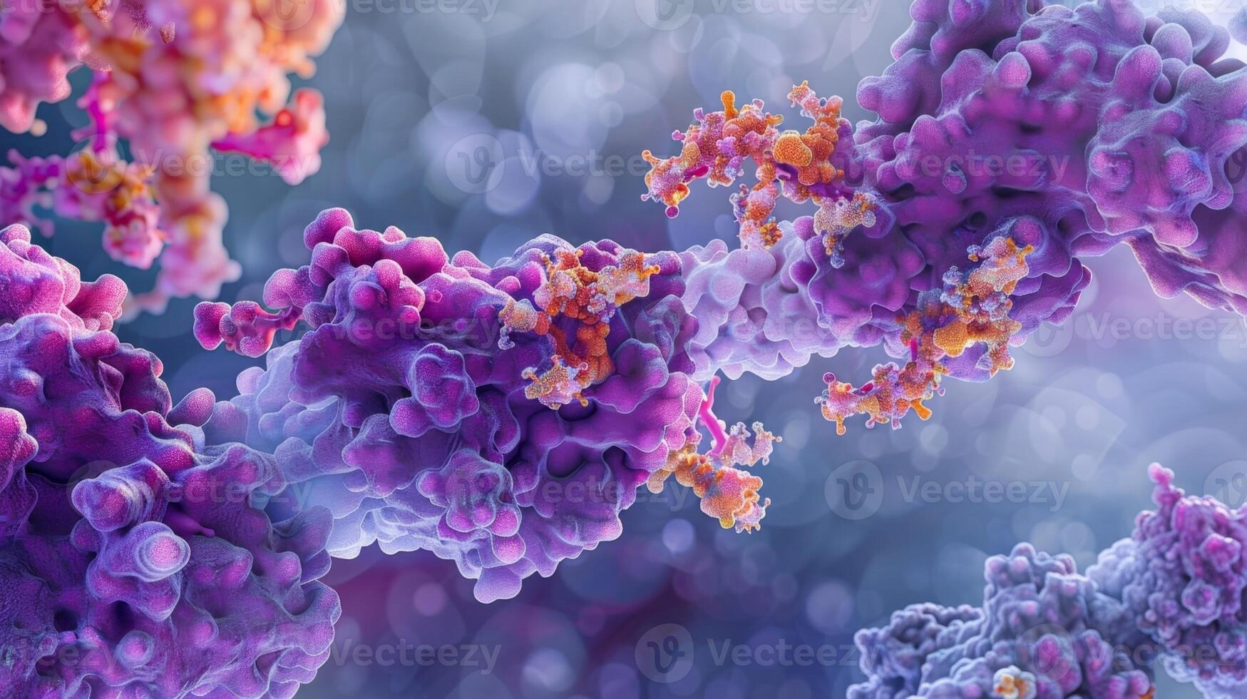 A microscopic image of a protein aggregate with molecular chaperones surrounding it trying to disentangle and refold the misfolded proteins photo