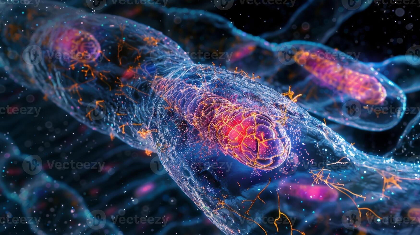 A high magnification image of motor proteins carrying a mitochondrion along the axon highlighting the efficiency and precision of axonal transport photo