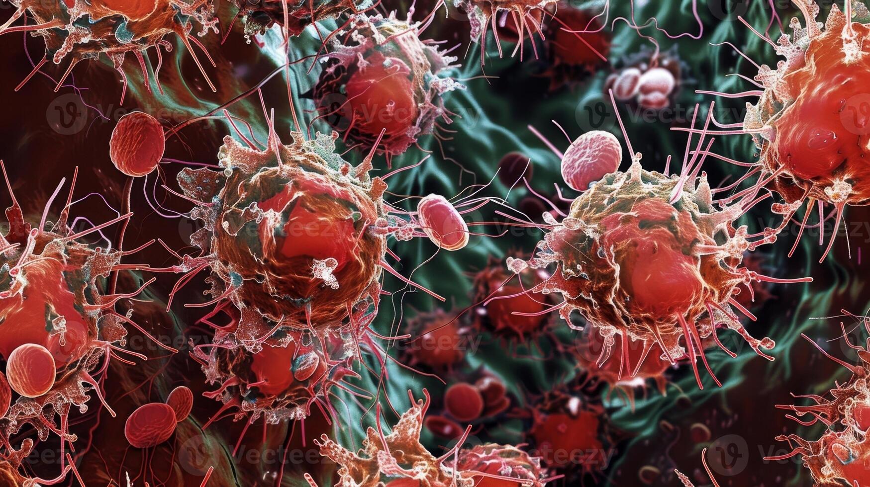 Scanning electron microscope image of autoreactive T cells engulfing and destroying red cells in a patient with autoimmune hemolytic anemia photo