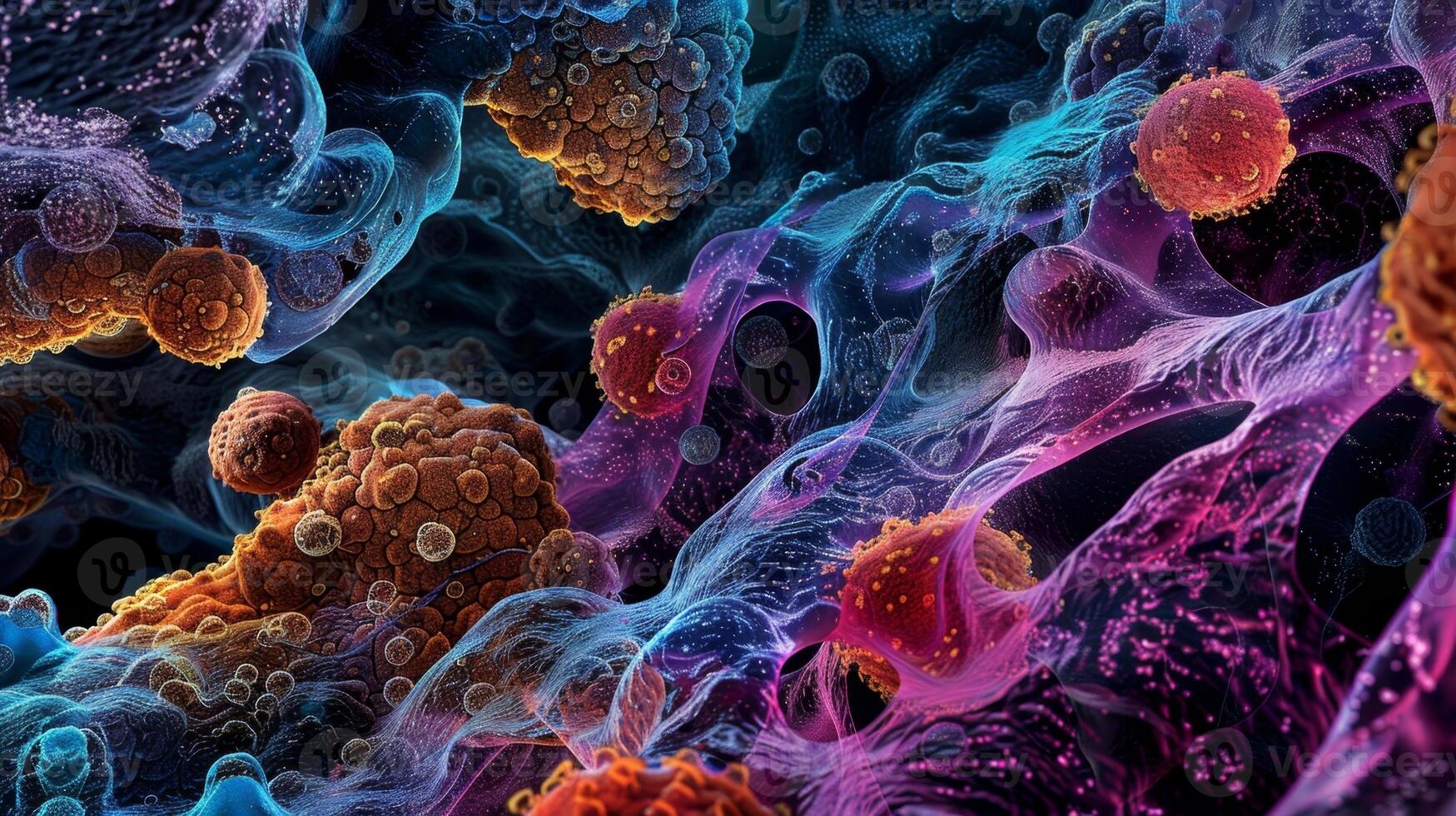 Microscopic view of CAMs on the surface of a cancer cell contributing to its ability to invade and metastasize photo