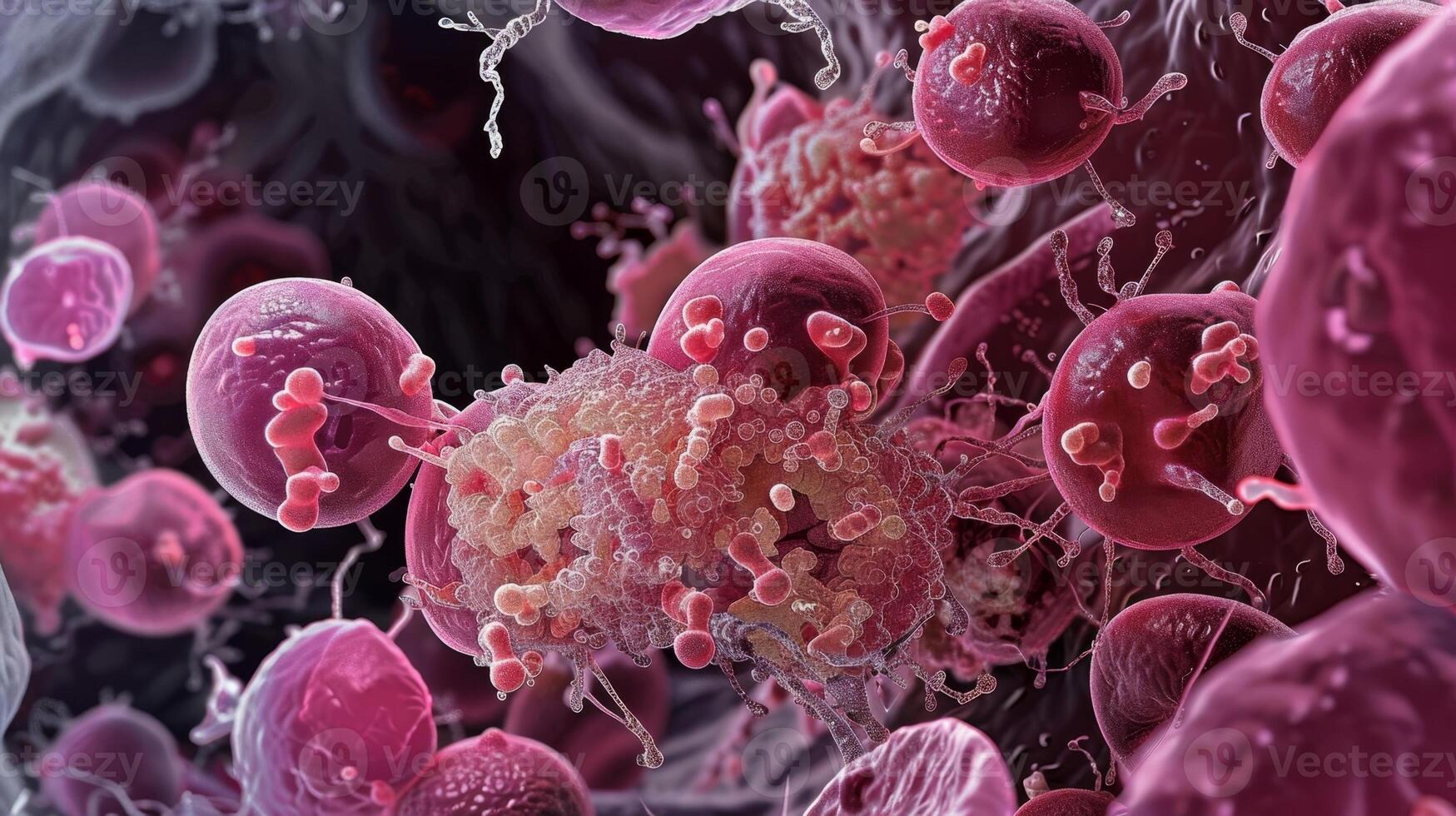 A microscopic view of mast cells in a with some undergoing degranulation and others still containing full granules photo