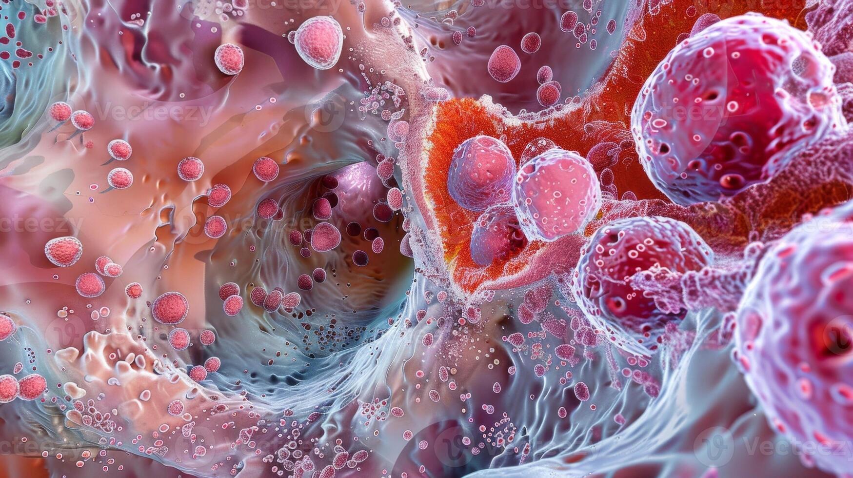 A cross section of a vessel with mast cells attached to the inner lining and releasing their granules into the surrounding photo