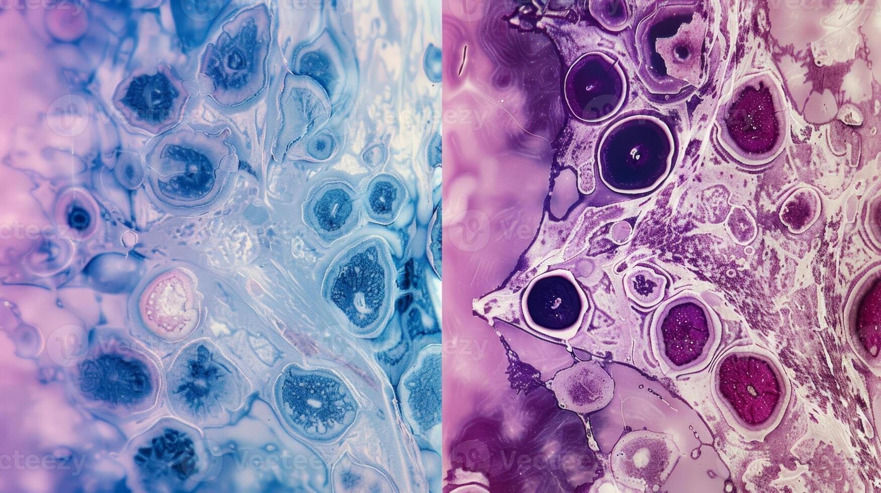 A sidebyside comparison of healthy and diseased tissue with diseased tissue having a higher number of degranulated mast cells due to chronic inflammation photo