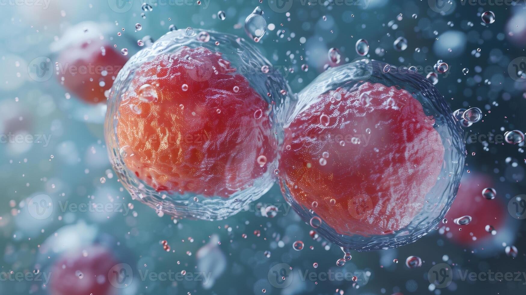 A closeup view of an embryonic stem cell undergoing the process of selfrenewal dividing to produce two identical daughter cells photo