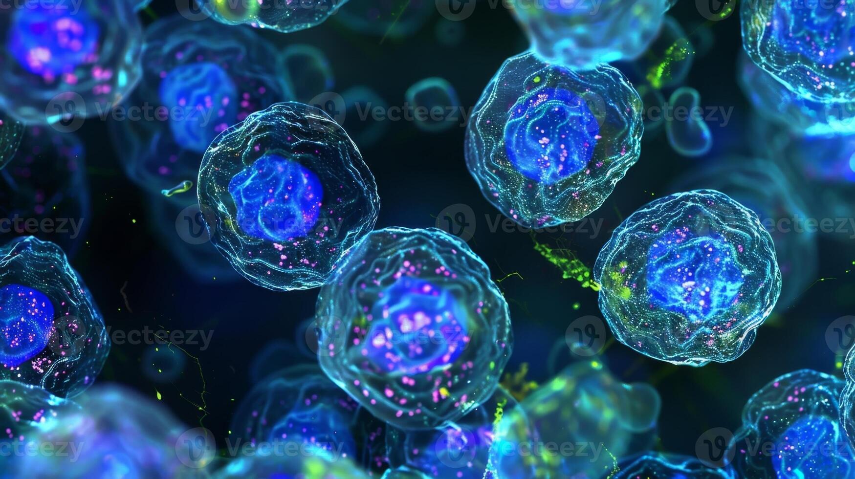 A zoomedin view of a group of undifferentiated embryonic stem cells highlighting the presence of specific markers indicative of their pluripotent state photo