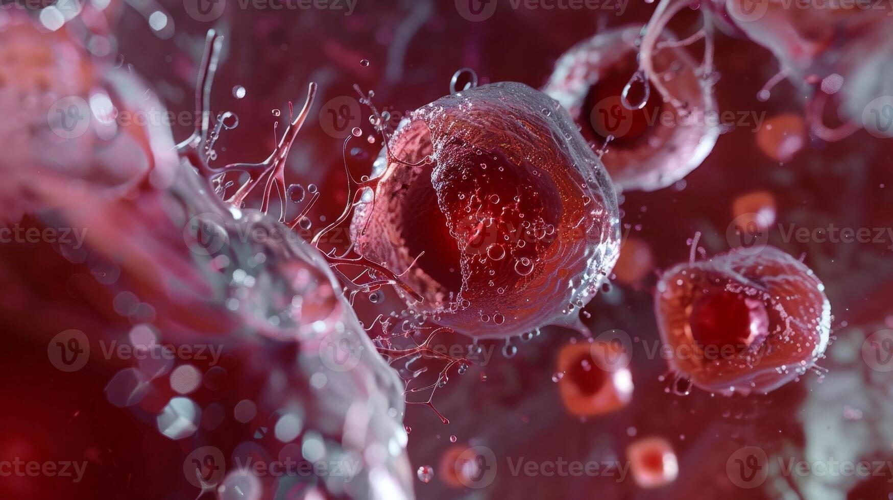 The differentiation of a hematopoietic stem cell into a basophil with visible changes in the size and shape of the nucleus and distinct granules in the cytoplasm photo