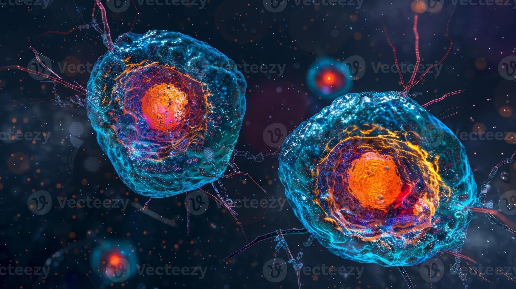 A microscopic image of two cells one with highly ylated histones and one with minimal ylation contrasting the potential impact of histone ylation on gene expression photo