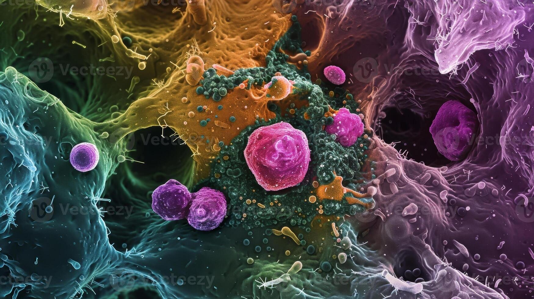 A macrophage cell engulfing a damaged cell with lysosomes surrounding the area to assist in breaking down the waste photo