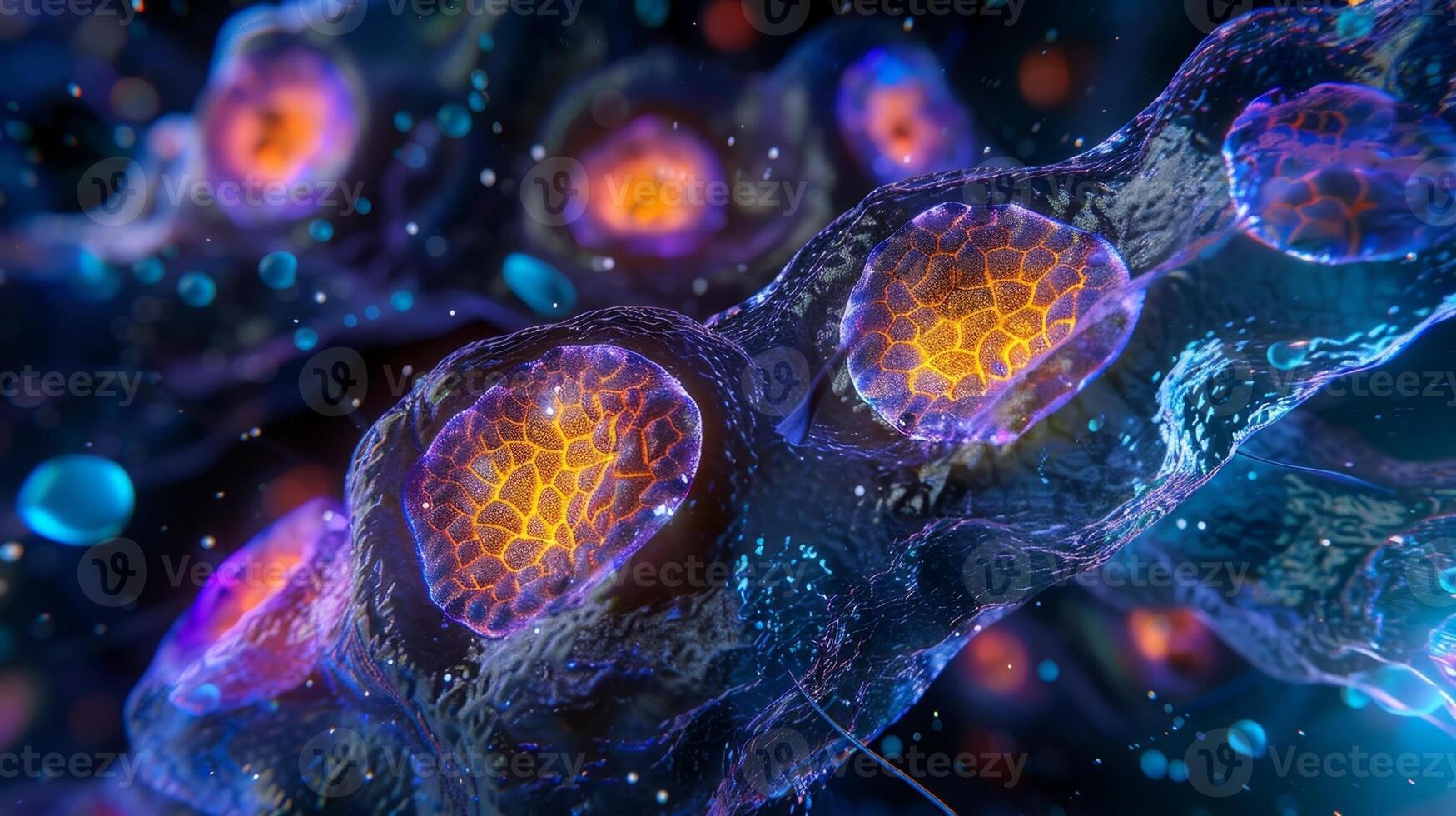 Fluorescent microscopy image of a skin cell with brightly lit glycogen granules surrounding the nucleus photo
