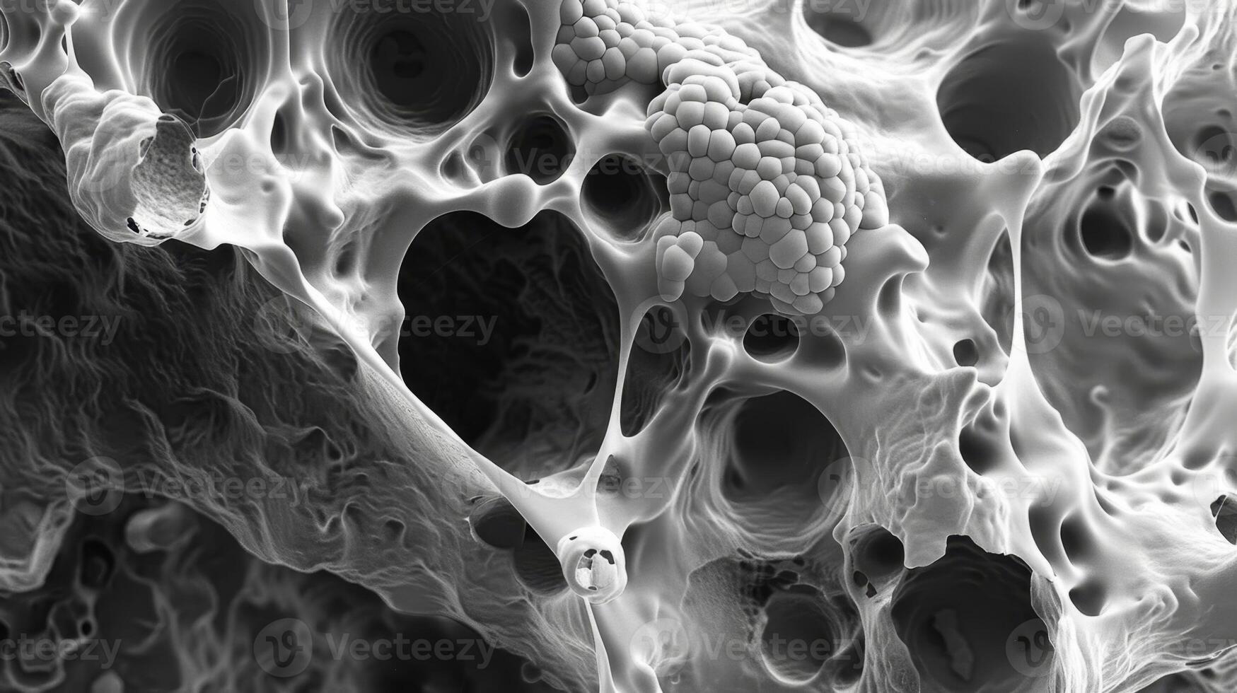 Electron micrograph displaying the compact and uniform structure of glycogen granules within a cell photo