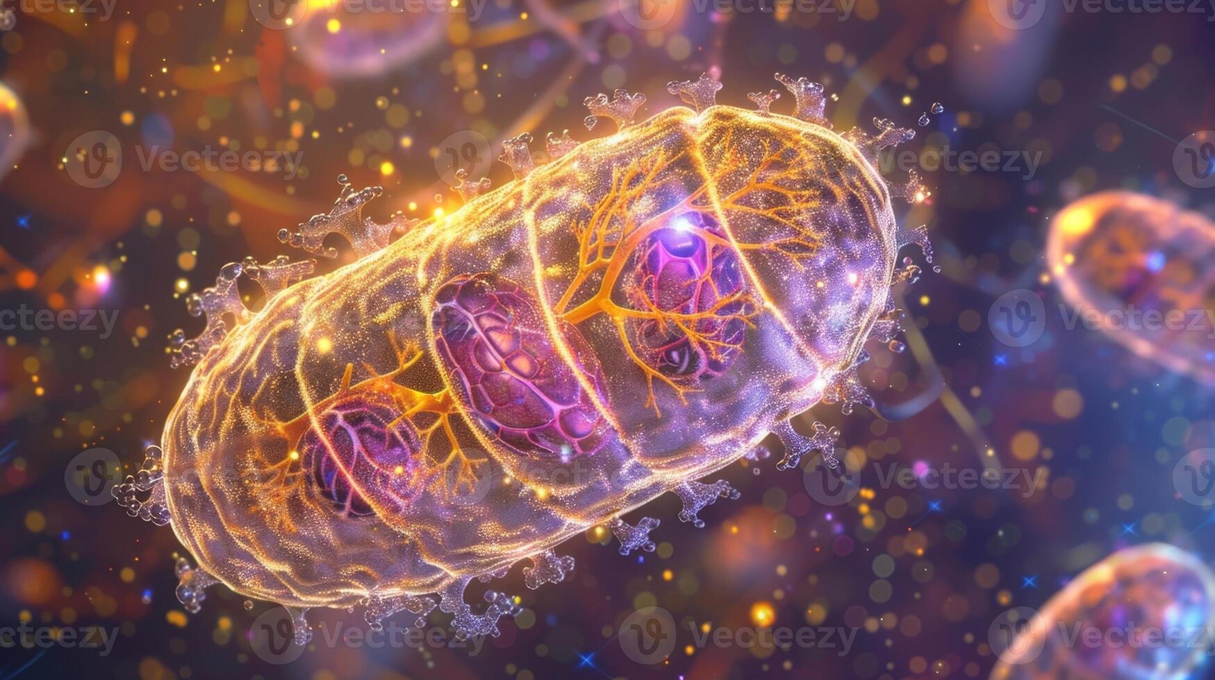 A microscopic image of lysosomal enzymes in action breaking down a damaged mitochondrion photo