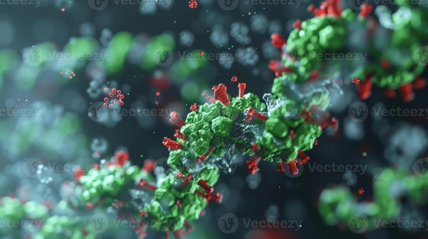 The binding site of a protein is highlighted in green contrasting with the red dots representing potential interacting atoms on a nearby molecule photo