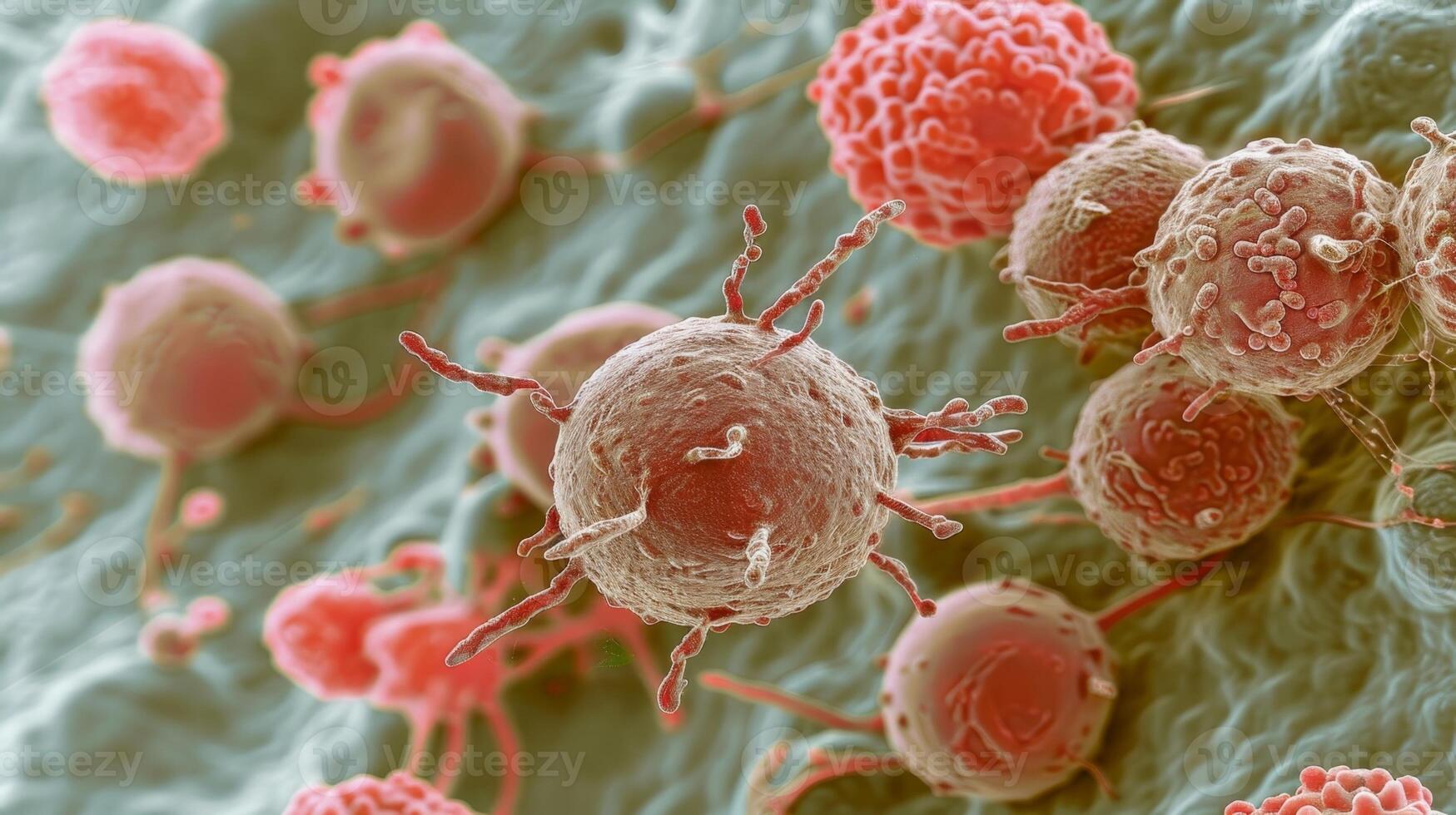 A closeup of a NK cell attaching to and destroying a bacteria demonstrating how these cells are able to recognize a wide range of pathogens and respond accordingly photo