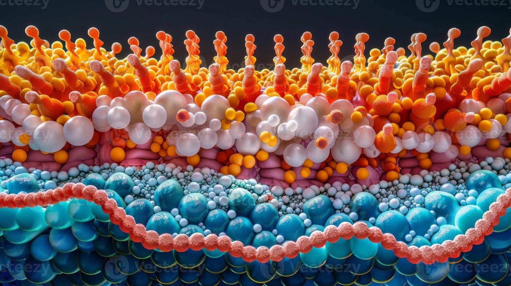 A crosssection view of the plasma membrane exposing the asymmetric distribution of lipids and proteins between the outer and inner leaflets photo