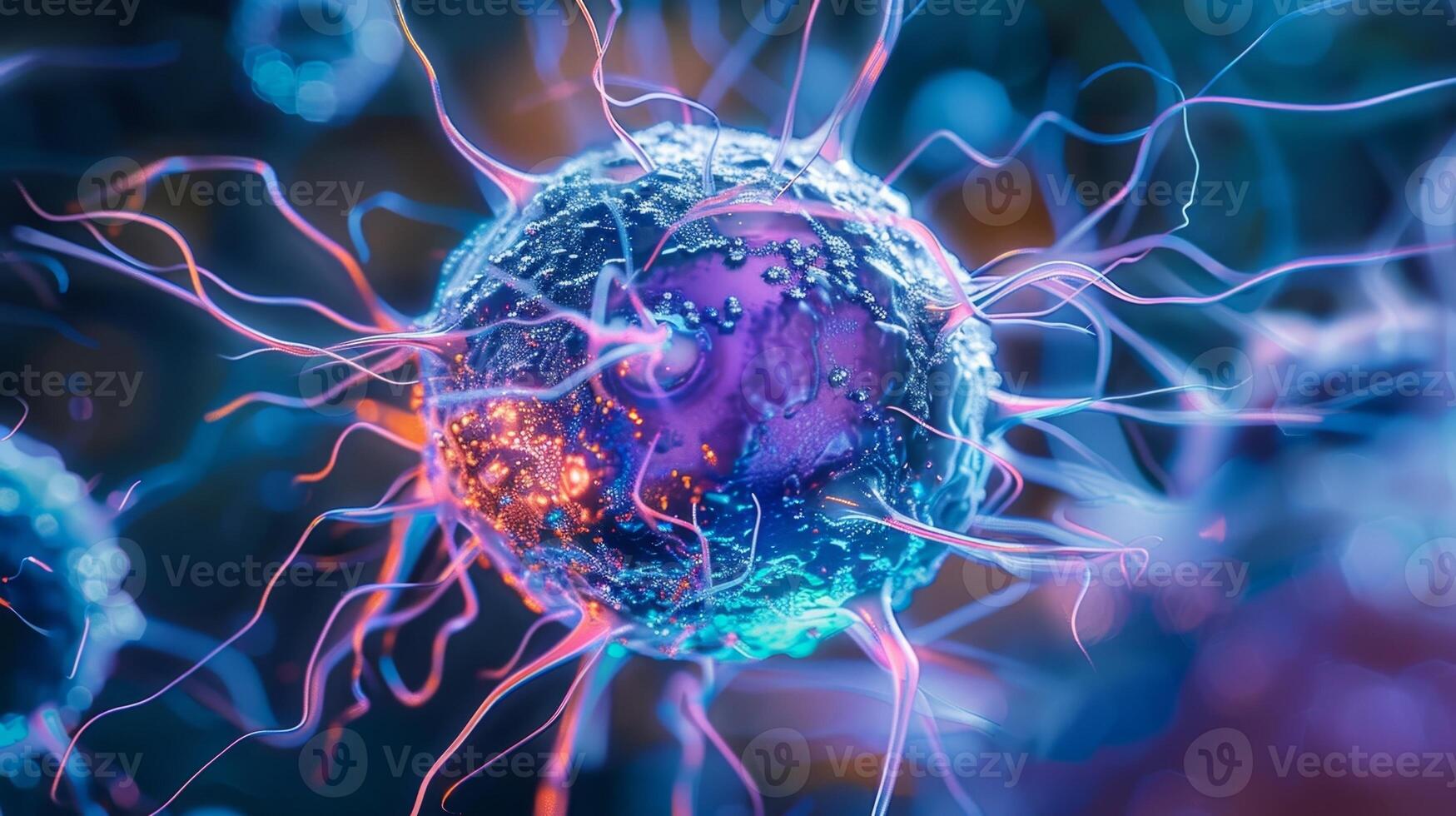 A closeup image of a white cell using its plasma membrane to encapsulate and destroy a harmful parasitic organism photo