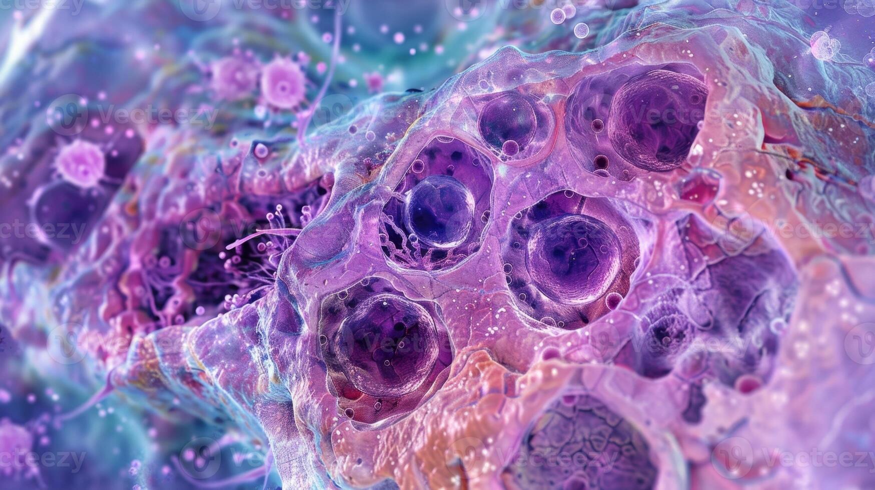 A microscopic view of a thyroid gland cell releasing hormones into the stream to impact various cellular functions photo