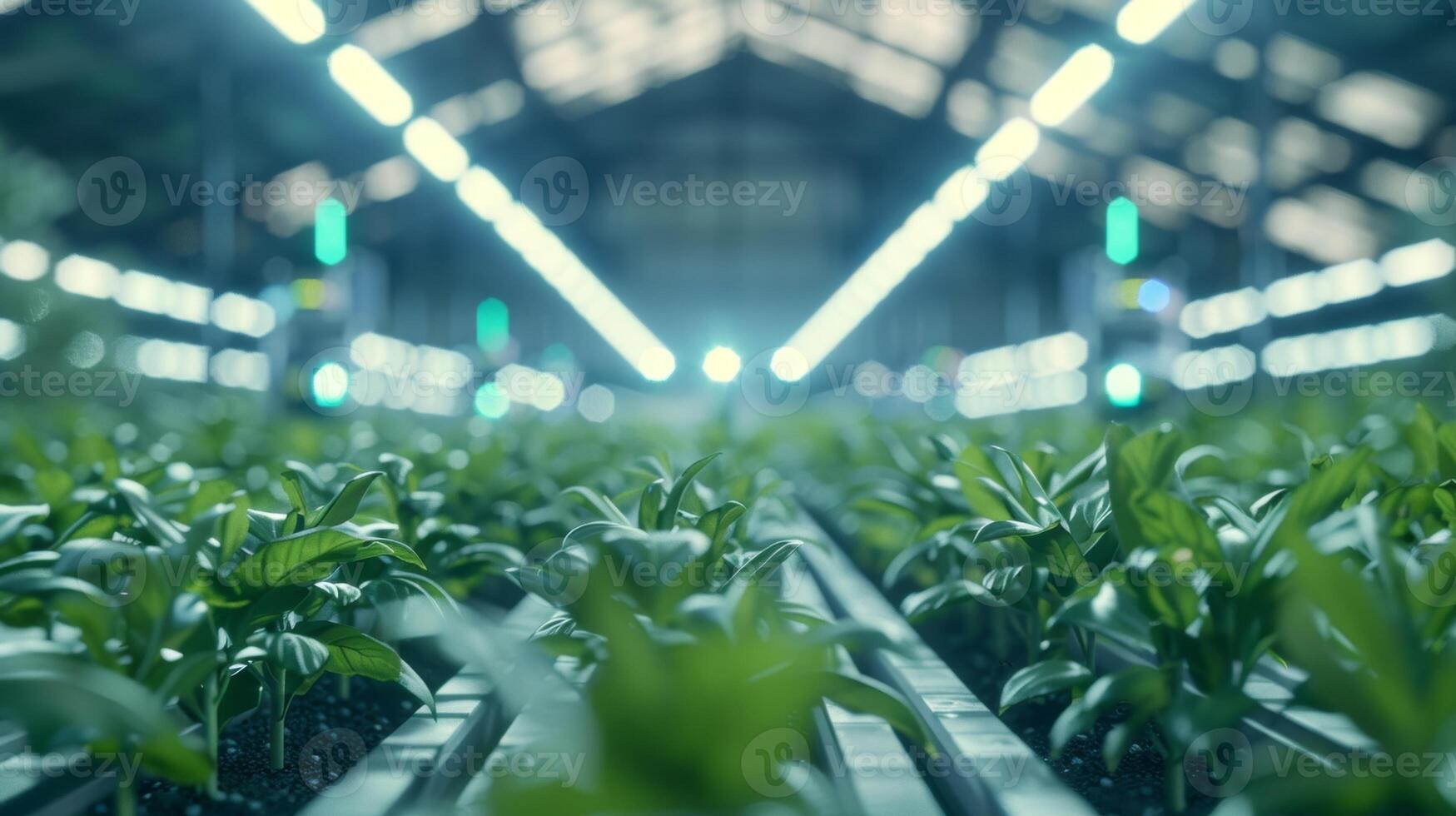 A futuristic greenhouse with rows of autonomous crop scouting devices moving along the ceiling carefully monitoring plant growth photo