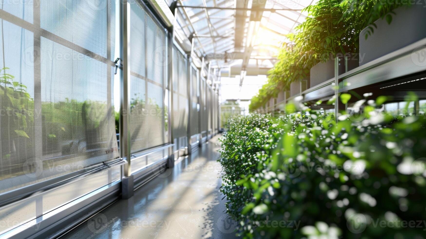 A demonstration of the energy efficiency of automated greenhouse shading as the shades retract to let in natural sunlight during peak hours and then close to retain warmth at night photo