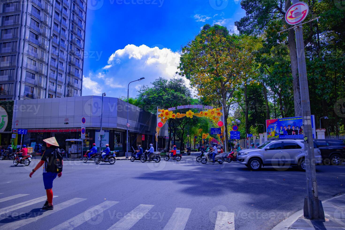 A traffic jam at the busy town in Ho Chi Minh wide shot photo