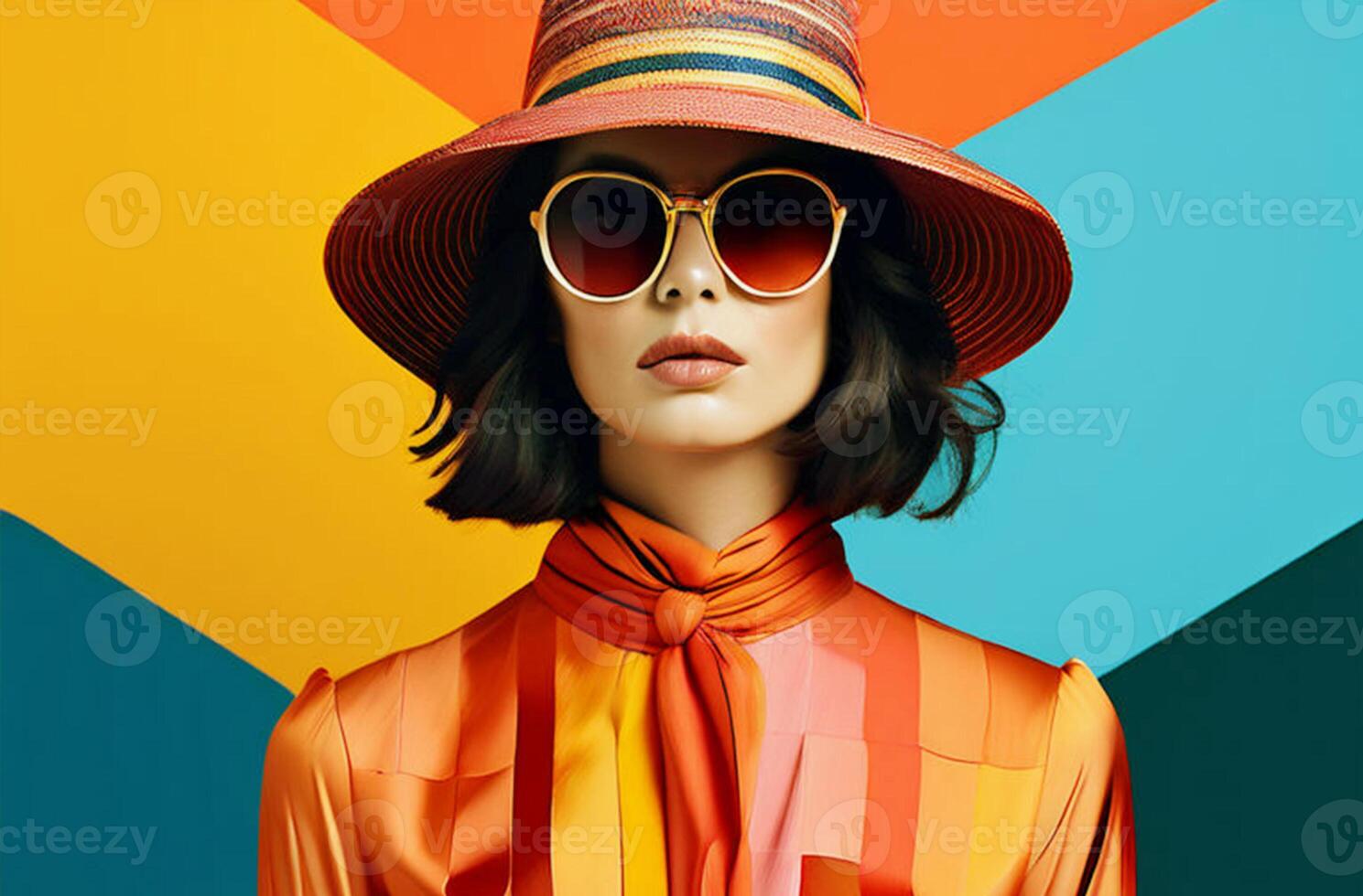 Portrait of an elegant woman wearing a hat and sunglasses in a dress with a colorful pattern, modern fashion trend. photo