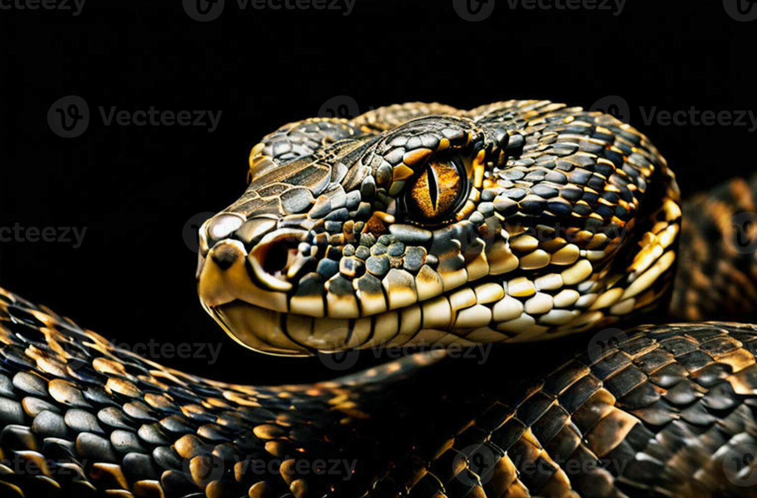 Snake with beautiful brown skin texture on a black background. Head of a snake. photo