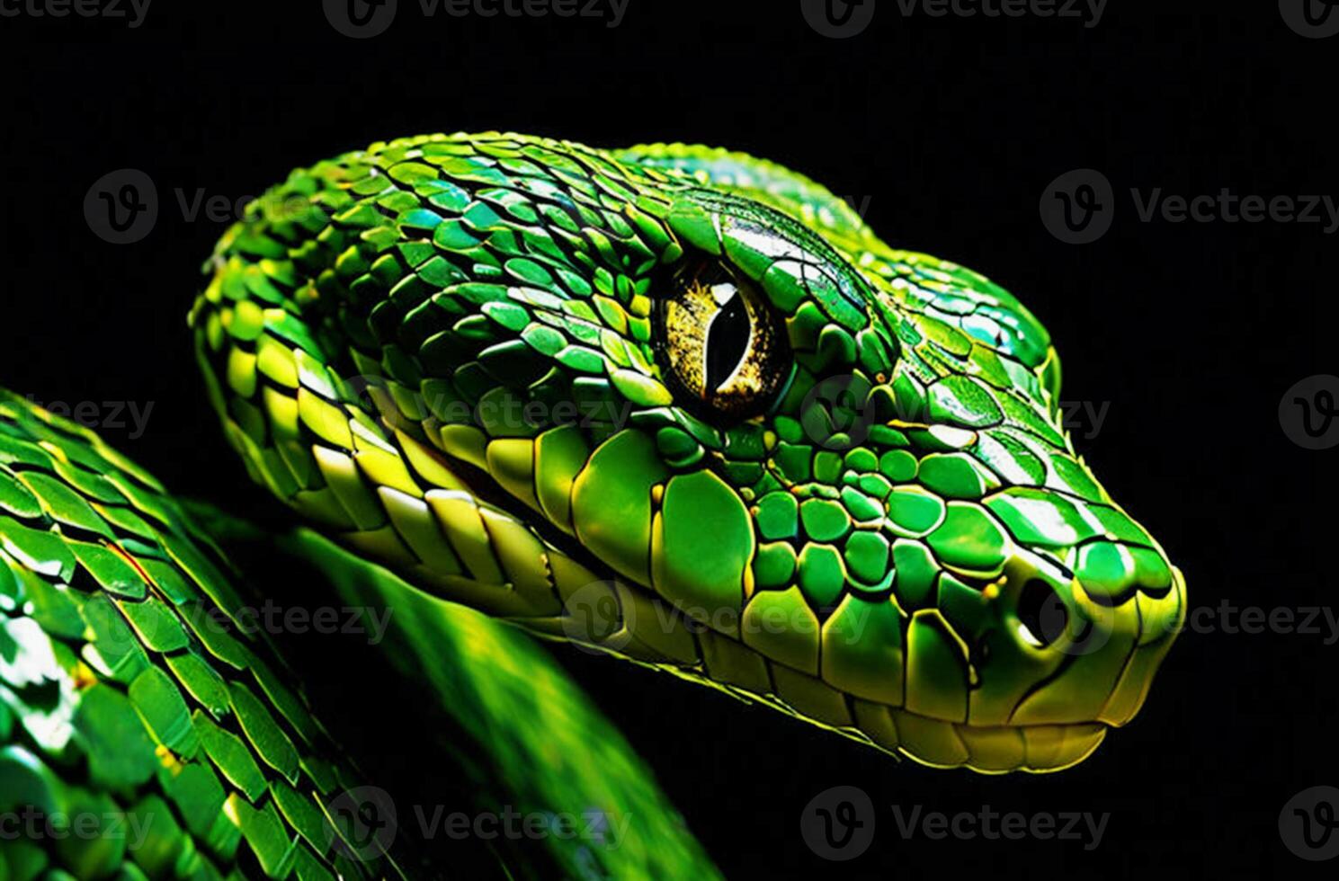 Snake with beautiful green skin texture on a black background. Head of a snake. photo