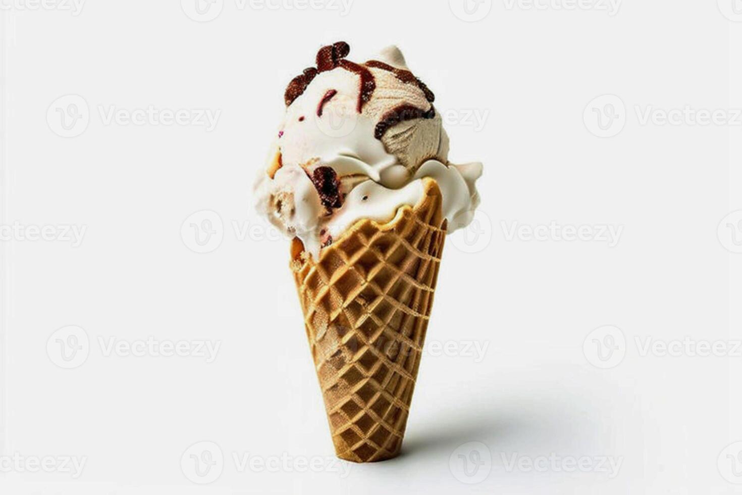 Soft ice cream in a waffle cone, topped with chocolate on a white background. Sweet dessert photo