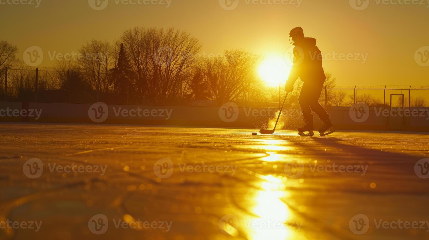 Silhouette of a hockey player practicing on an outdoor rink at sunset with trees in the background. photo
