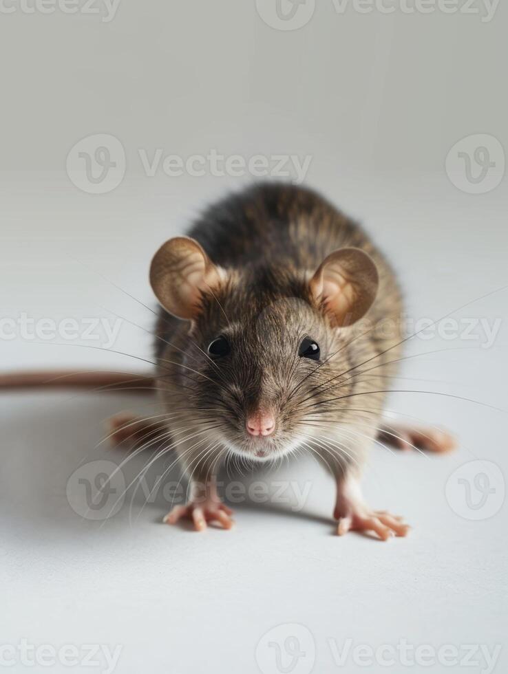 Side profile of a sleek brown rat standing on hind legs with a clean grey background. photo