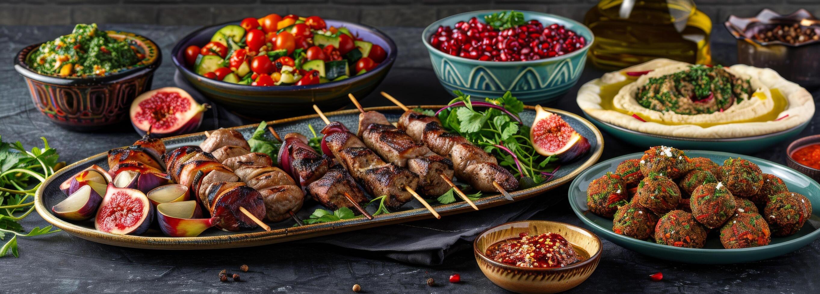 Grilled Meat Skewers With Hummus, Salad, and Figs on a Black Tabletop photo