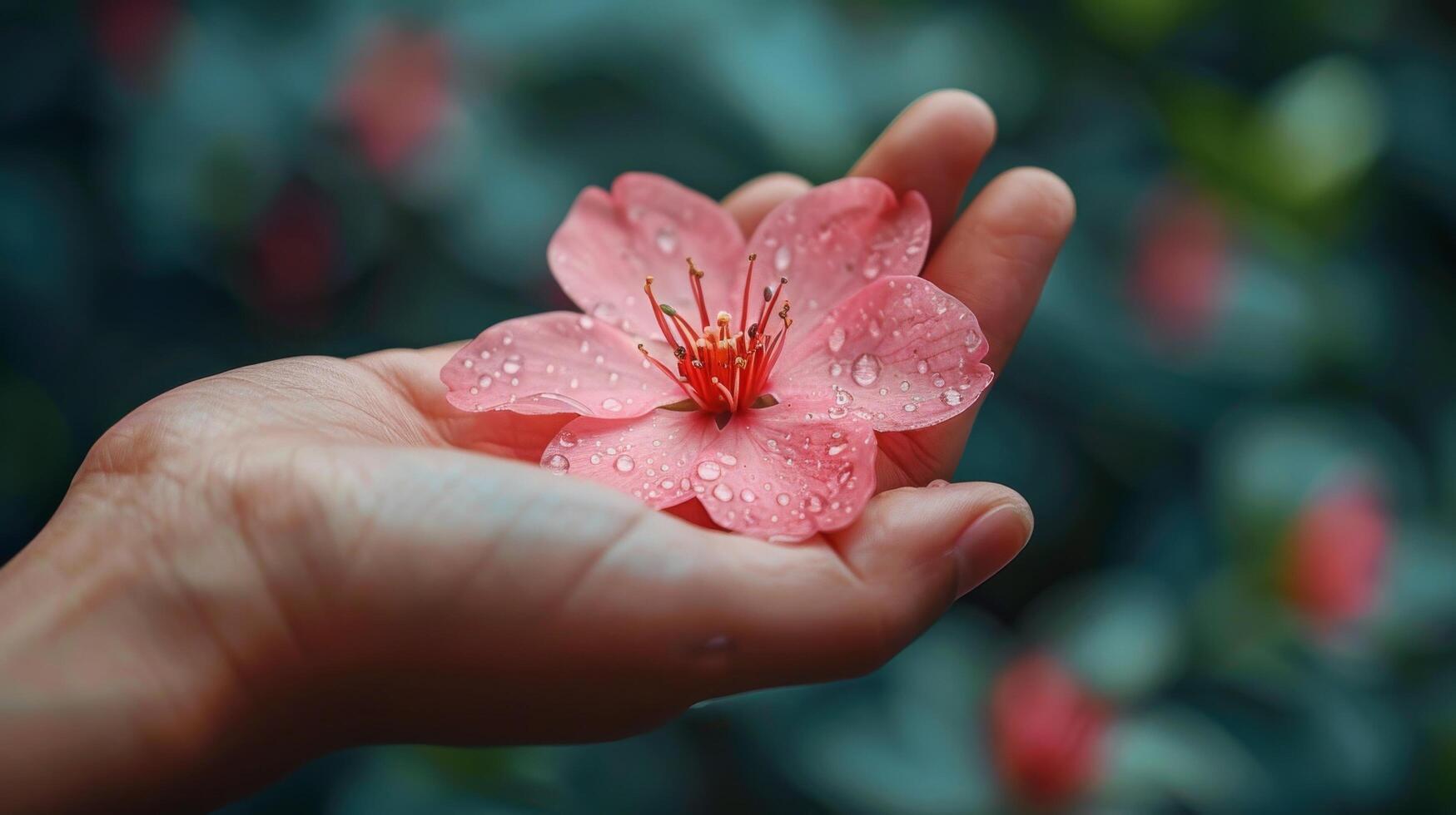 A Single Pink Flower Held in a Hand Covered in Dew Drops photo