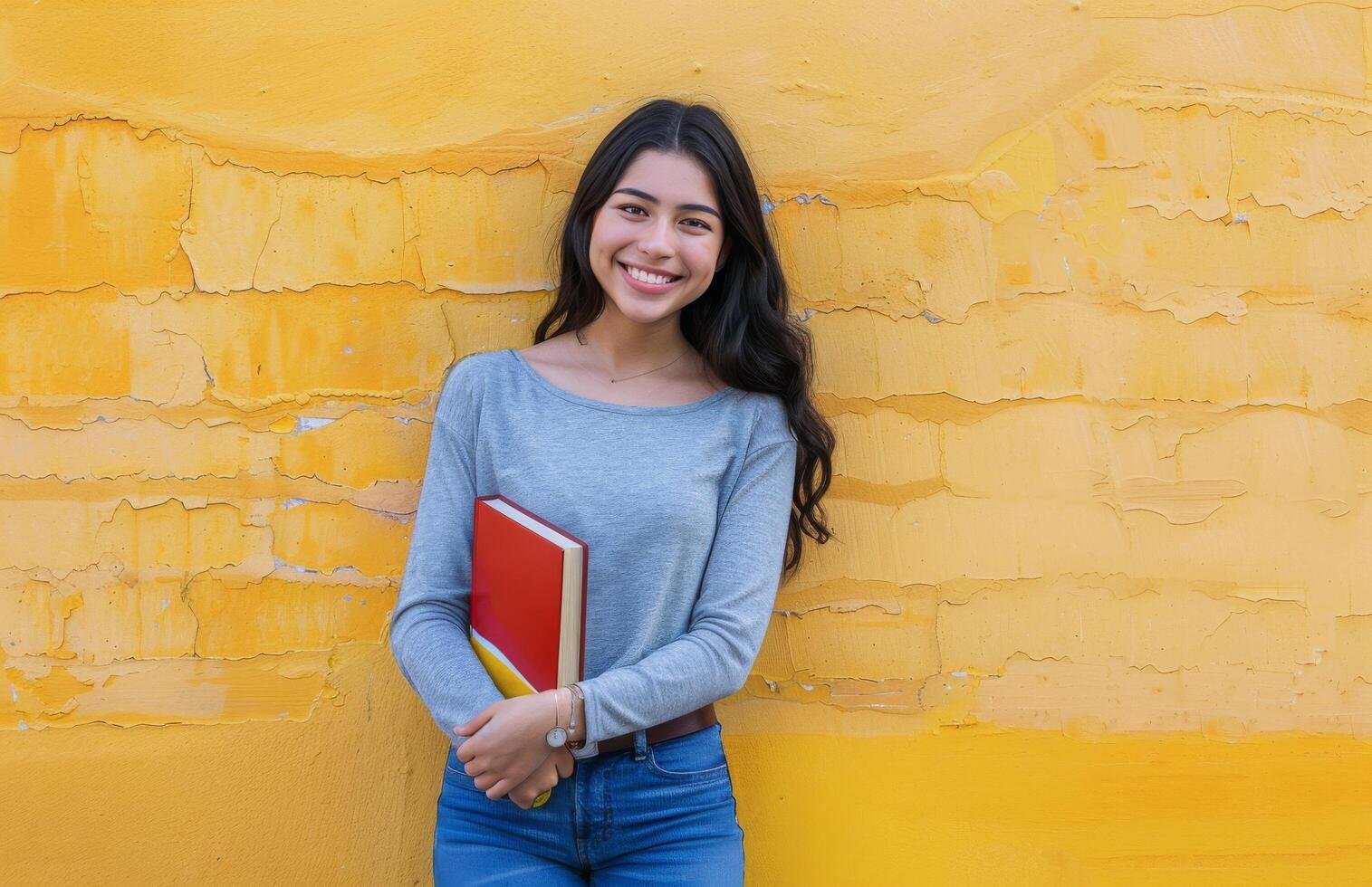 Young Woman Holding Books Against Yellow Wall photo
