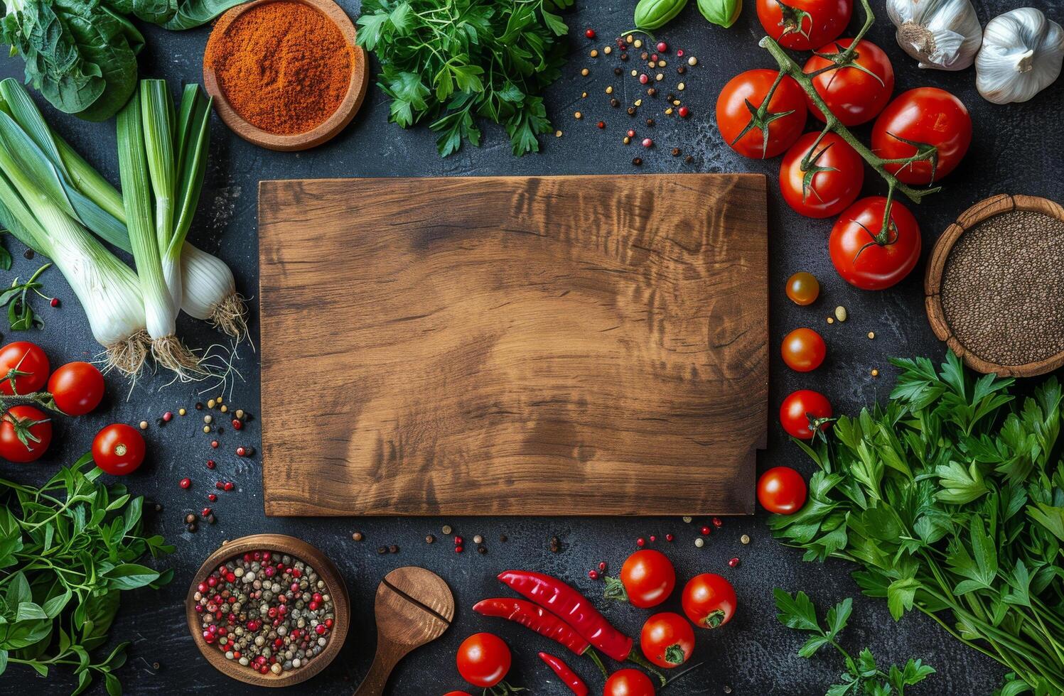 Fresh Vegetables and Spices Around a Wooden Cutting Board on a Black Background photo