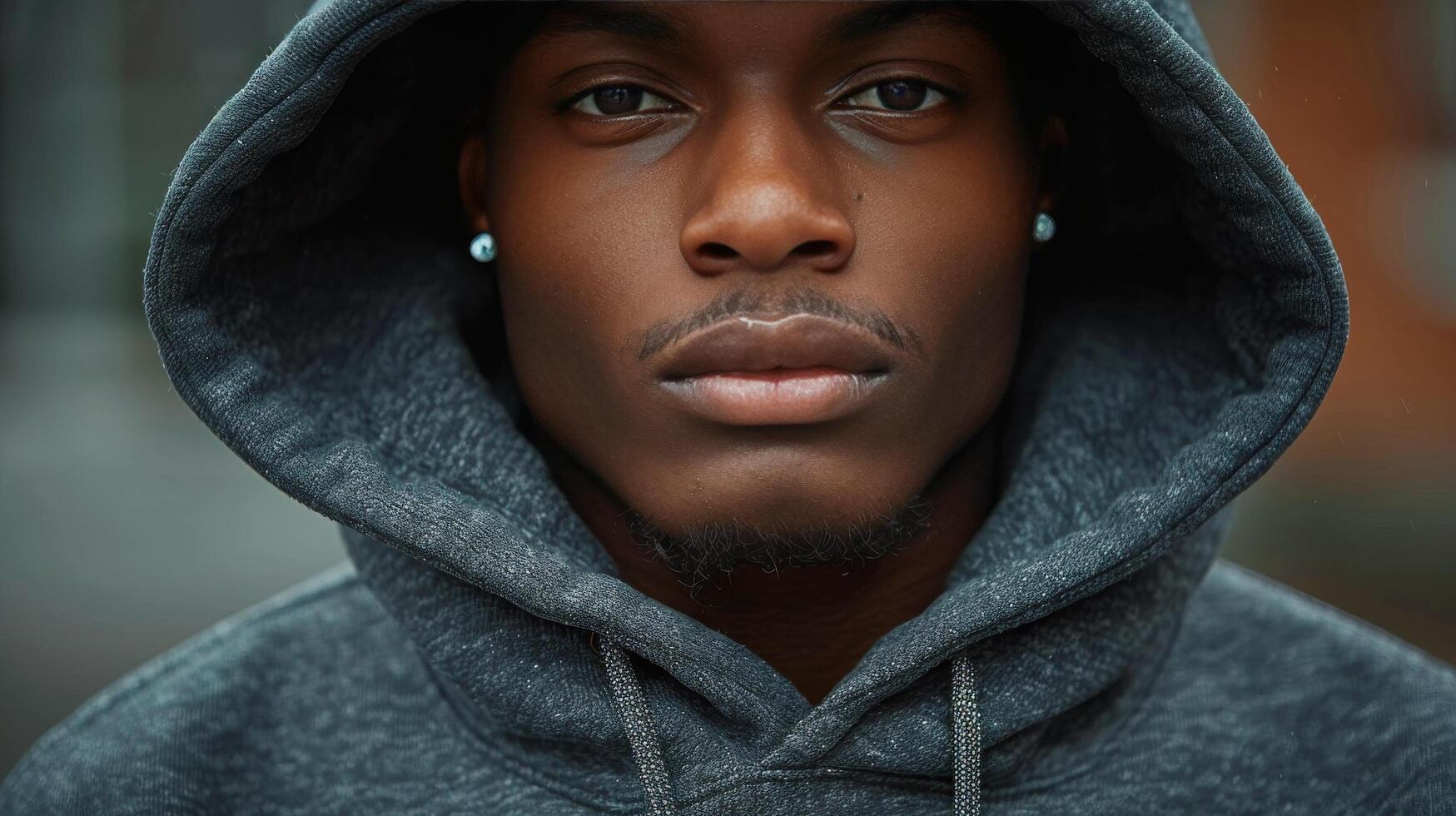Close Up of a Man Wearing a Dark Blue Fleece Jacket With a Hood and Rope Drawstring photo