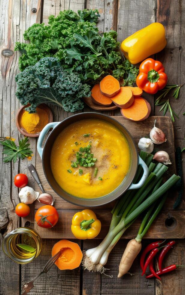 Creamy Pumpkin Soup With Kale, Mushrooms, and Tomatoes on Rustic Wooden Table photo