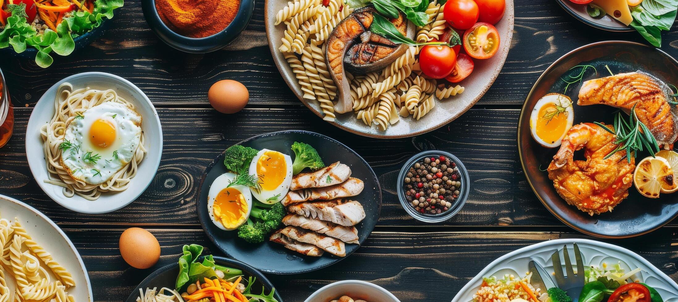Delicious and Diverse Dinner Plates With Pasta, Fish, Eggs, and Salad on Wooden Table photo