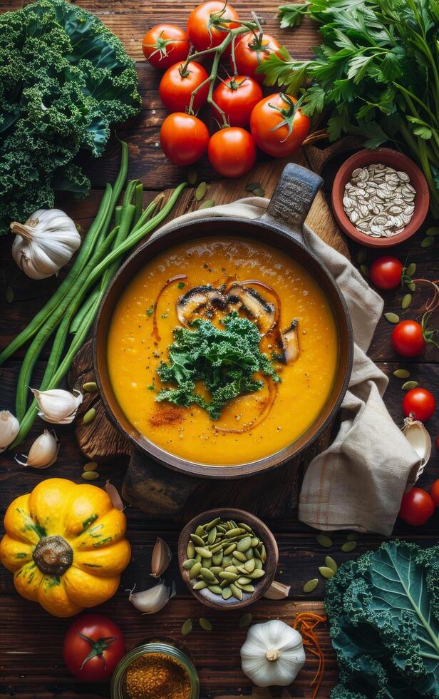 Creamy Pumpkin Soup With Kale, Mushrooms, and Tomatoes on Rustic Wooden Table photo