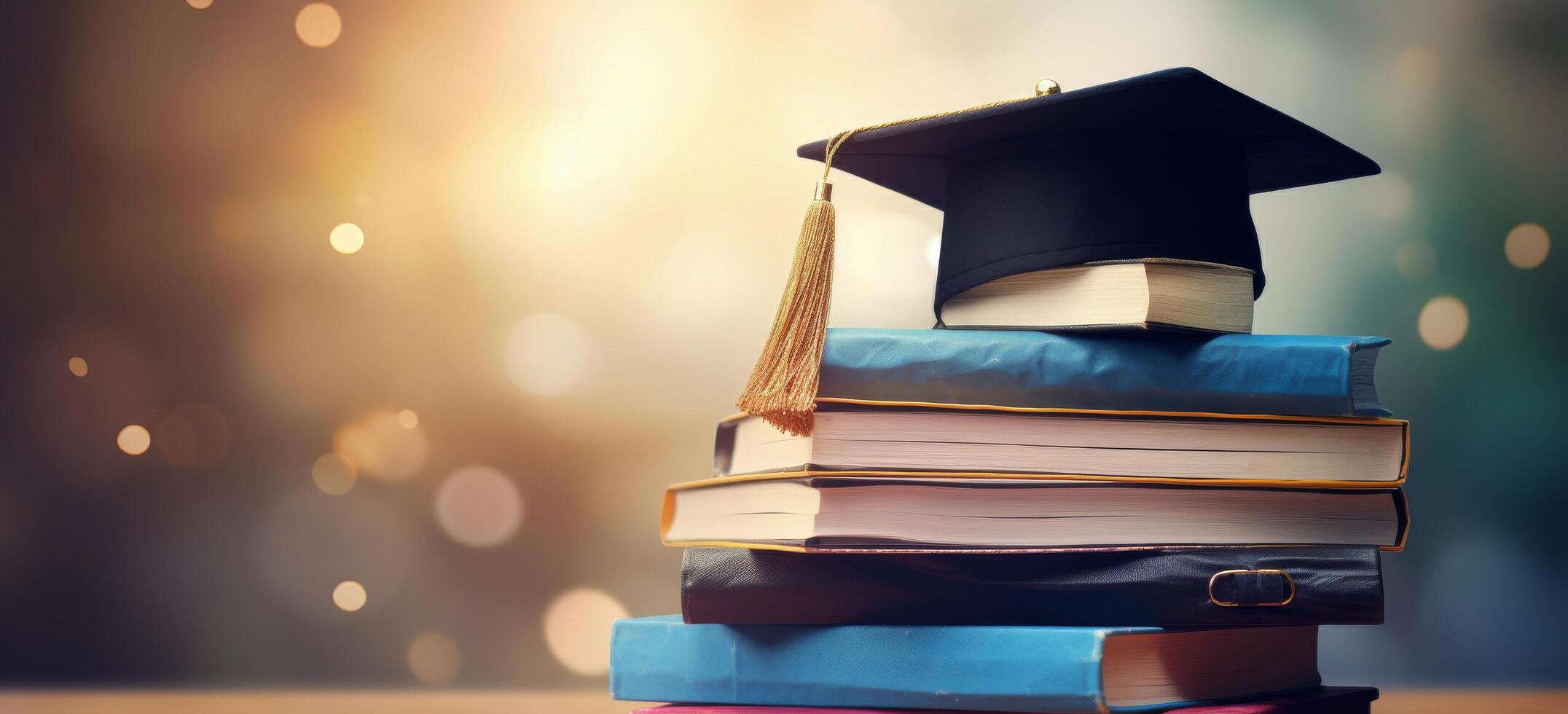 Graduation Cap Atop Stack of Books on Wooden Table photo