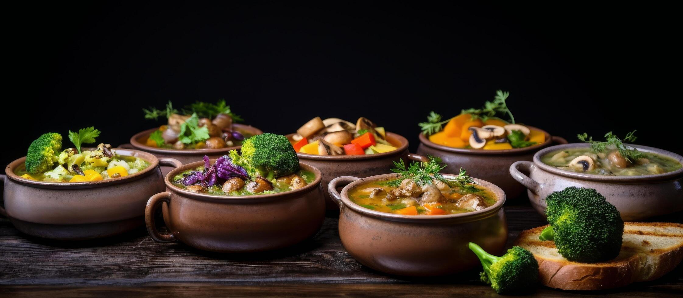 A Variety of Hearty Vegetable Soups Served in Rustic Bowls With Fresh Broccoli photo